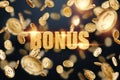 Golden inscription bonus with gold coins on a dark background. Design template, modern design, magazine style, luxury. 3D