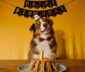 Golden inscription happy birthday on black flags and cake with cookies and candle with number 1. Concept of pet as family member. Royalty Free Stock Photo
