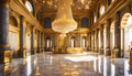 Golden interior of aristocratic rich palace, reception hall of royal palace,