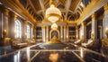 Golden interior of aristocratic rich palace, reception hall of royal palace,