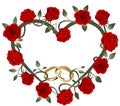 Golden intertwined wedding rings in red roses heart Royalty Free Stock Photo