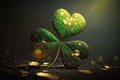 Golden Irish Shamrock Clover. St.Patrick \'s Day. Photorealistic drawing generated by AI