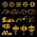 Golden japanese and chinese asian motif vector decor elements Royalty Free Stock Photo