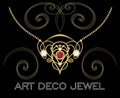 Golden jewel with butterfly, green gems. Necklace in art deco style. Circle pendant on filigree golden chain.