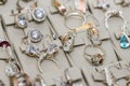 Golden jewellery collection on shop showcase close up Royalty Free Stock Photo