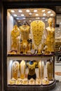 Golden jewellery - massive golden necklaces, armors, rings, Gold Souk, Dubai.