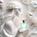 Golden jewellery with pearls, perfume bottle and jasmine flowers Royalty Free Stock Photo