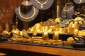 Golden jewelries displayed in the shop. Royalty Free Stock Photo