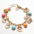 Golden Jewelry bracelet with different charms on white background.