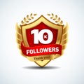 Golden 10K Followers Thank you design logotype, sign template for social network and follower. Web user celebrates many followers.