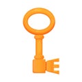 Golden key, ancient castle tool in cartoon style isolated on white background. Fairy comic ui game asset. Bright mystery