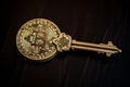 golden key with the bitcoin sign on a dark background. not your keys not your coins security concept. Royalty Free Stock Photo