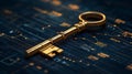 A golden key is on a black background with a lot of numbers and lines