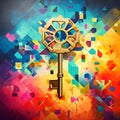 Golden key with colourful ornament, security theme