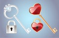 Golden key with diamond and gold closed lock Door lock with a red heart vector