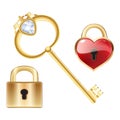 Golden key with diamond and gold closed lock