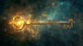 Golden key glowing amidst a cosmic background, symbolizing discovery and mystery Royalty Free Stock Photo