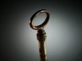 A golden key isolated on white background. Old rusty door key. Antique gold key. Metal silver key. Selective focus Royalty Free Stock Photo