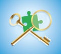 Golden key and magnifying glass, together with green puzzle, jigsaw piece. Vector illustration. Royalty Free Stock Photo