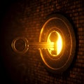 A golden key partially inserted into a glowing keyhole against a digital matrix background. Generative AI Royalty Free Stock Photo