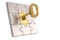 Golden key and puzzle pieces on white background.3D illustration Royalty Free Stock Photo