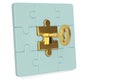 Golden key and puzzle pieces on white background.3D illustration Royalty Free Stock Photo