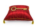 Golden key on royal red velvet pillow isolated on white background 4 Royalty Free Stock Photo
