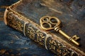A golden key sitting on top of an old, leather-bound book Royalty Free Stock Photo
