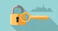 Golden key unlocks padlock with Islamic cityscape silhouette, symbolizing security and access Royalty Free Stock Photo