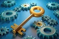 Golden key unlocks success in a world of interconnected gears, symbolizing business and strategy Royalty Free Stock Photo