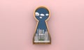 The golden keyhole window overlooks the future city on pastel pink walls. Concepts of the future city and business. Isolated on pa