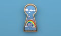 The golden keyhole window overlooks Rainbow on the clouds, The wind and wind on the sky and a pink balloons tied to stars is float