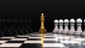 Black and white pawns with gold king on chess board Royalty Free Stock Photo