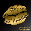 Golden kiss lips imprint on black background