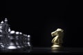 Golden knight horse chess encounter with silver chess enemy on chess board for brave heart on business competition and strategy Royalty Free Stock Photo