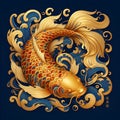 A golden koi fish in chinese ancient style of painting, red, gold and blue colors, top down view, wallart design, beautiful Royalty Free Stock Photo