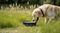 Golden labrador retriever dog drinking water from dog bowl in meadow on hot summer day walking, pet love and care copy space