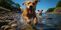 A golden labrador running along the river bank and funny jumping over stones, like a climber flyi