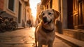 Golden Labrador walking through the streets of Europe