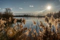 Golden lake view with lake sunset