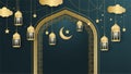 golden lantern arabic dark blue Islamic design background. Universal ramadan kareem banner background with lantern, moon, islamic Royalty Free Stock Photo