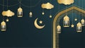 golden lantern arabic dark blue Islamic design background. Universal ramadan kareem banner background with lantern, moon, islamic Royalty Free Stock Photo