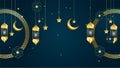 golden lantern arabic dark blue Islamic design background. Universal ramadan kareem banner background with lantern, moon, islamic Royalty Free Stock Photo