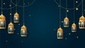 golden lantern arabic dark blue Islamic design background. Universal ramadan kareem banner background with lantern, moon, islamic Royalty Free Stock Photo