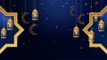 golden lantern arabic dark blue Islamic design background. Universal ramadan kareem banner background with lantern, moon, islamic Royalty Free Stock Photo