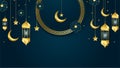 golden lantern arabic dark blue Islamic design background. Universal ramadan kareem banner background with lantern, moon, islamic Royalty Free Stock Photo