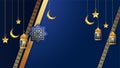golden lantern arabic dark blue Islamic design background. Universal ramadan kareem banner background with lantern, moon, islamic Royalty Free Stock Photo