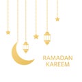 Golden lanterns, crescent and stars hanging on white background. Ramadan Kareem greeting card. Luxury gold design Royalty Free Stock Photo