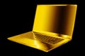 Golden laptop blank screen dark black background isolated close up side view, gold metal computer, open empty display, notebook Royalty Free Stock Photo