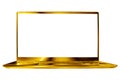 Golden laptop blank screen white background isolated close up front view, gold metal computer, open empty display, notebook